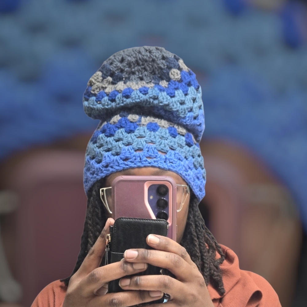 Blues Granny Square Slouchy Beanie, One Size, Handmade By Me, Ask About Customs